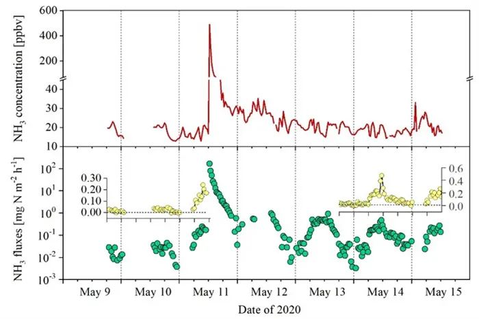 圖3 亞熱帶稻田施肥期間觀測的大氣氨濃度和地面氨排放通量