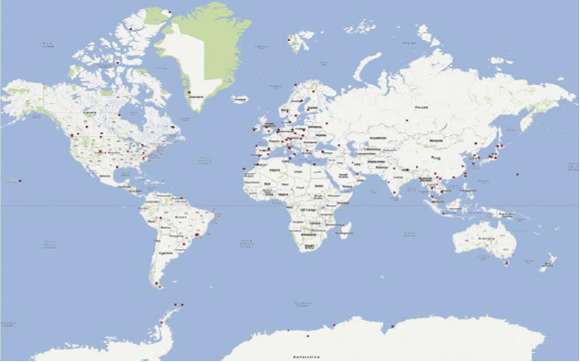 圖5 Brewer MkⅢ全球站點(diǎn)分布圖
